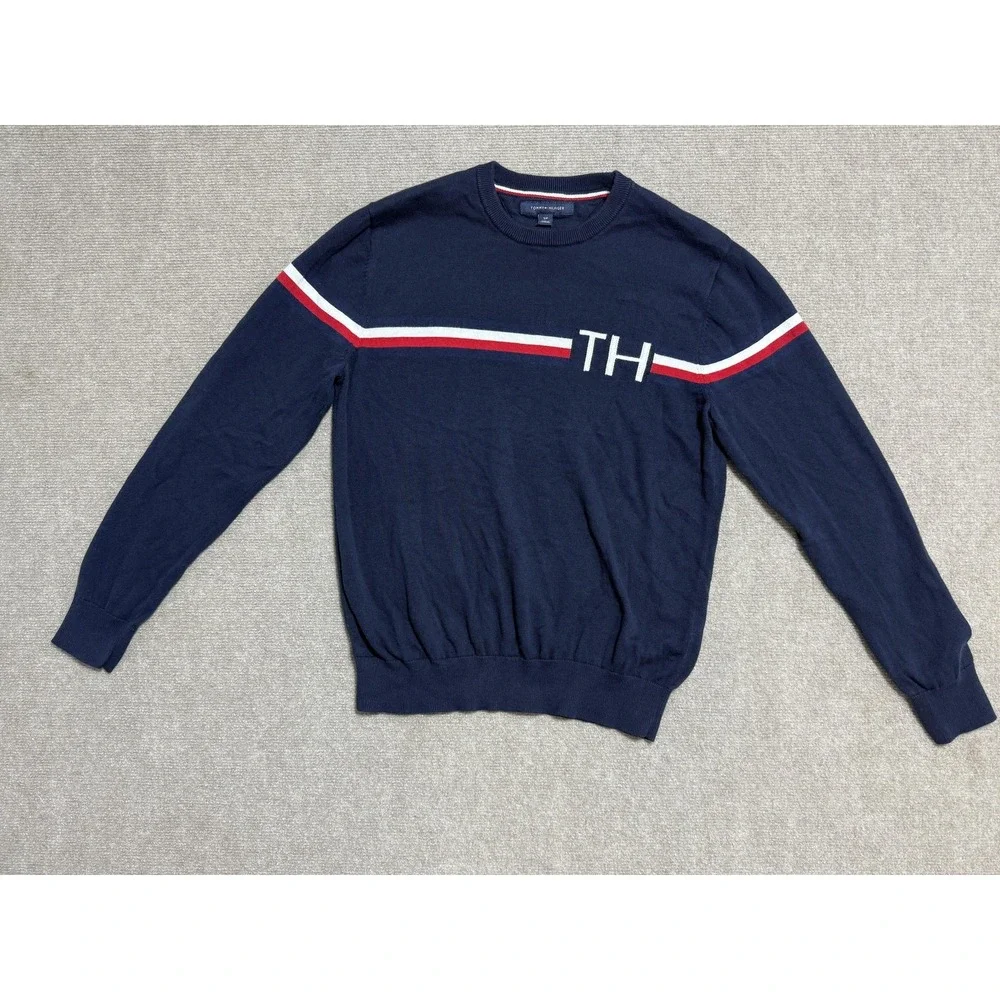 Tommy Hilfiger Sweater Mens Small‎ Navy Blue Crewneck TH Stripe Cotton Pullover